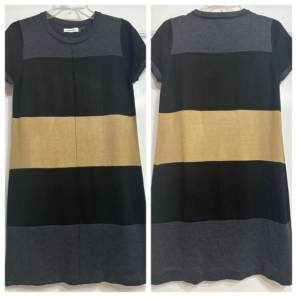 Calvin Klein Color Block Sweater Dress, Neutral, Black, Tan, and Grey, Medium - Picture 1 of 9